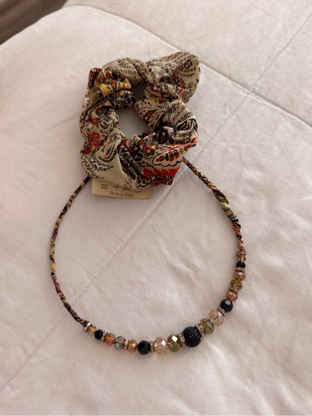 Etro Beade with Paisley Silk Scrunchie - Cream, Gold, Black, Red Hair rim